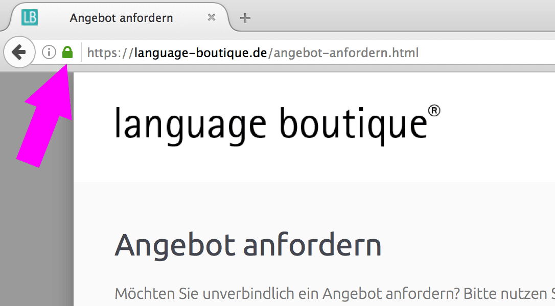 Screenshot der Browseradresszeile mit Verschlüsselungssymbol und https://language-boutique.de